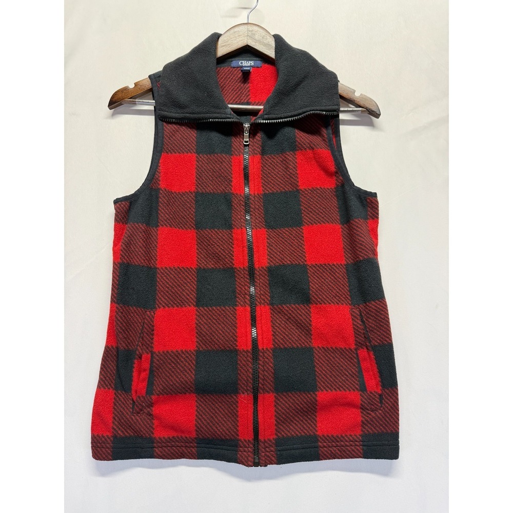 Chaps Sport Fleece Vest Womens Small Red Black Buffalo Plaid Sleeveless Full Zip